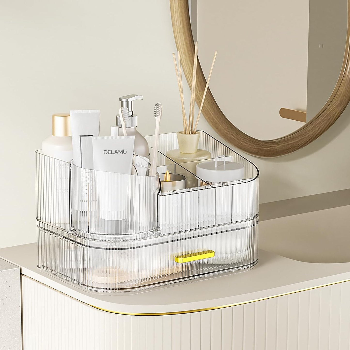 Makeup Organizer for Vanity with Stackable Drawers, 360 Rotating Makeup Brush Holder Large Cosmetic Display Case for Dresser, Bathroom Countertop Skincare Organizers and Storage, Crystal Clear