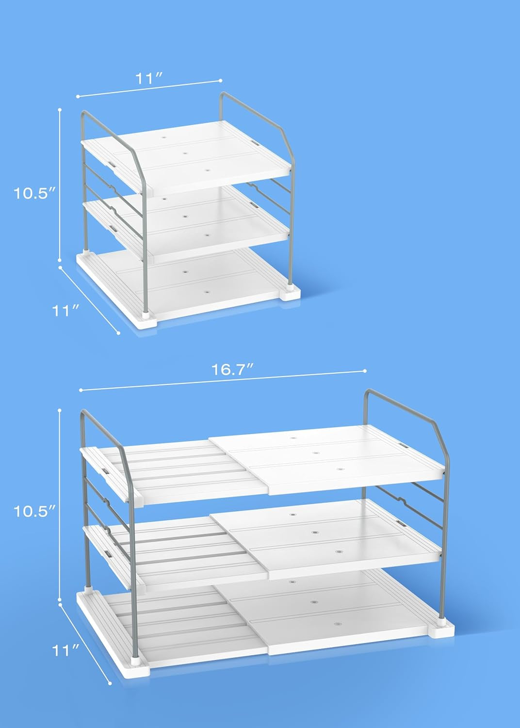Extendable Holder for Heavy Items, Jars, Bottles, Cans, Plastic Bags, Wrap, Foil, Snack and Box for Kitchen, Bathroom, Pantry, Counter, Cabinets, 11'' to 16.7'' Wide
