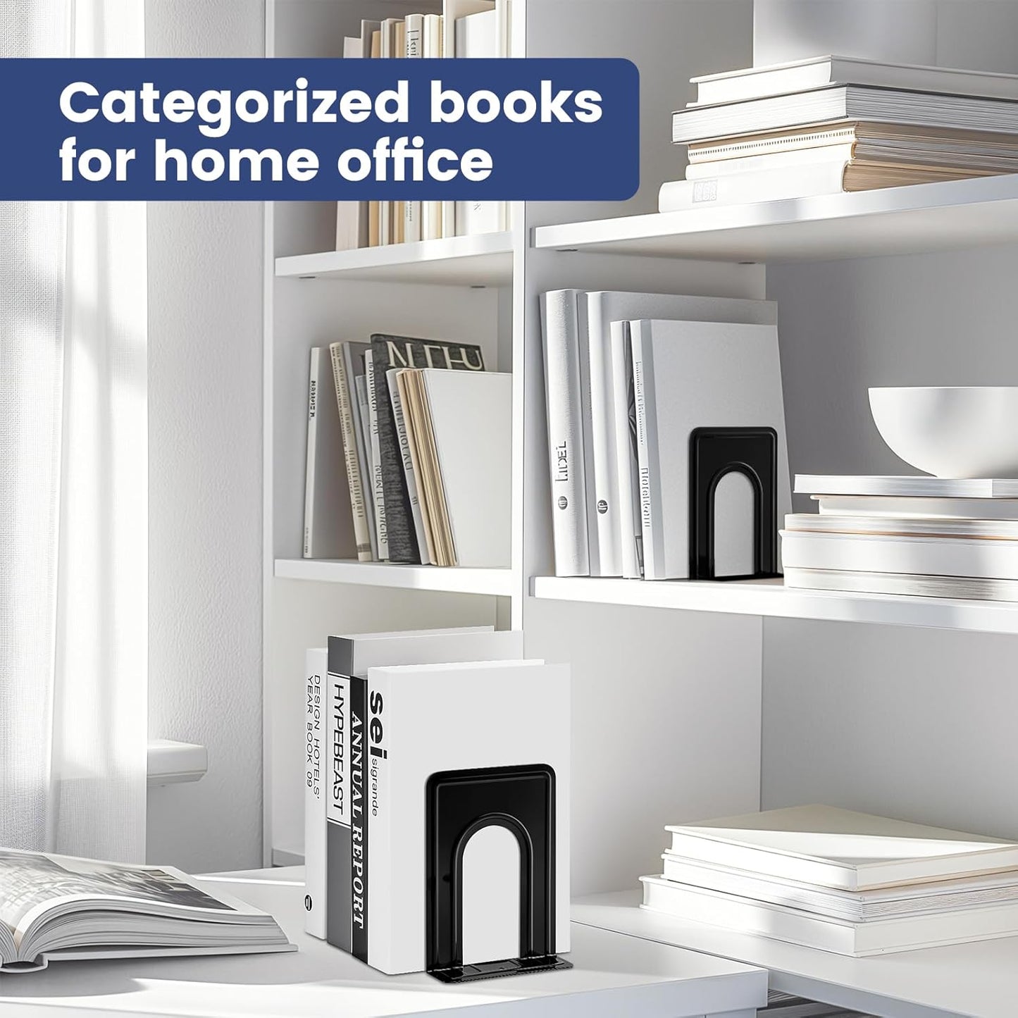 Book Ends, Non-Skid Metal Bookend Supports for Shelves, Heavy Duty Book End, Office Book Stopper, 6 X 5 X 6 Inches, 14 Pieces / 7 Pairs (Black)