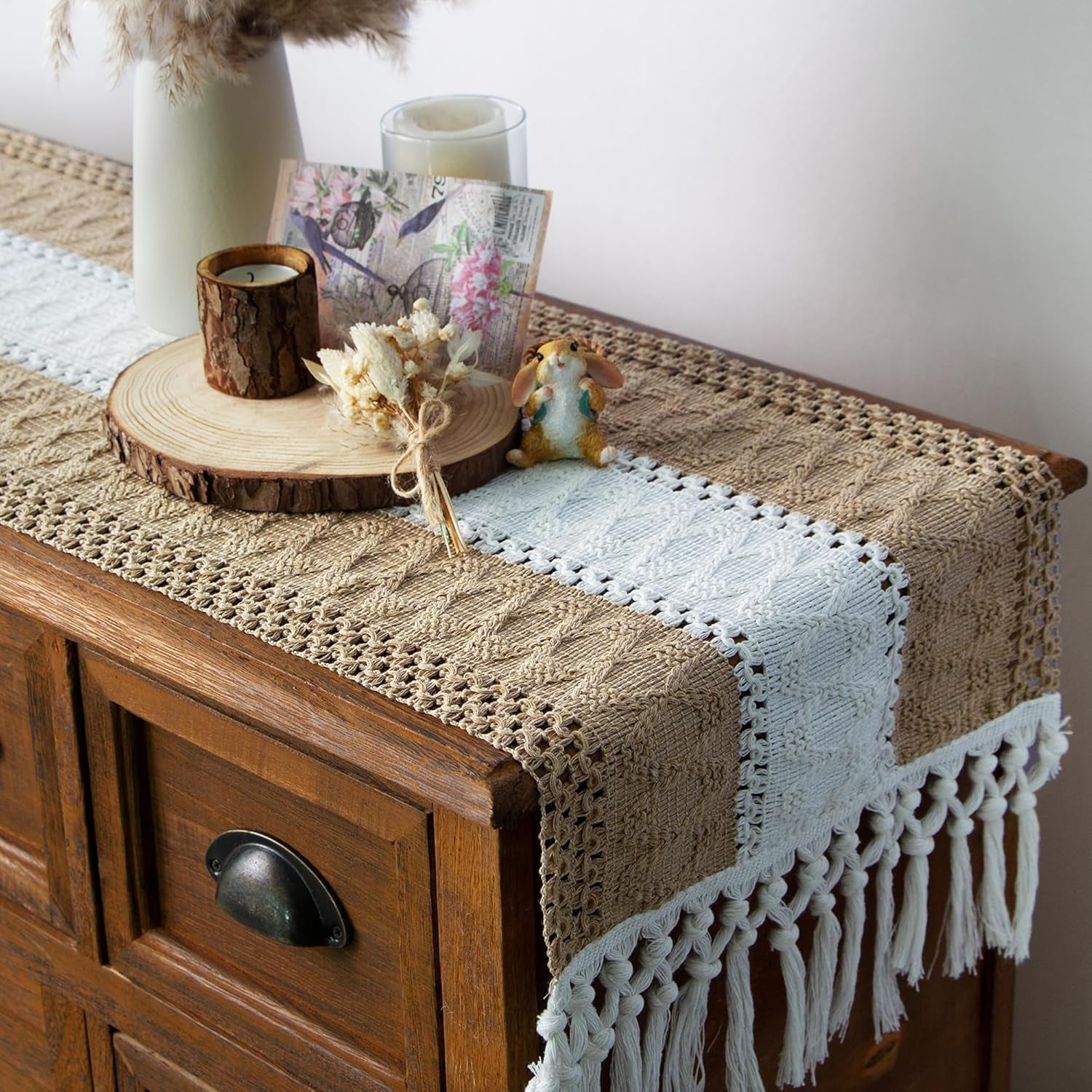 Boho Table Runner for Home Decor with Tassels 72 Inches Long Farmhouse Rustic Brown Macrame Burlap Table Decoration for Living Room Bridal Shower (12X72 Inches)
