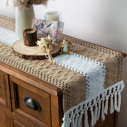 Boho Table Runner for Home Decor with Tassels 72 Inches Long Farmhouse Rustic Brown Macrame Burlap Table Decoration for Living Room Bridal Shower (12X72 Inches)