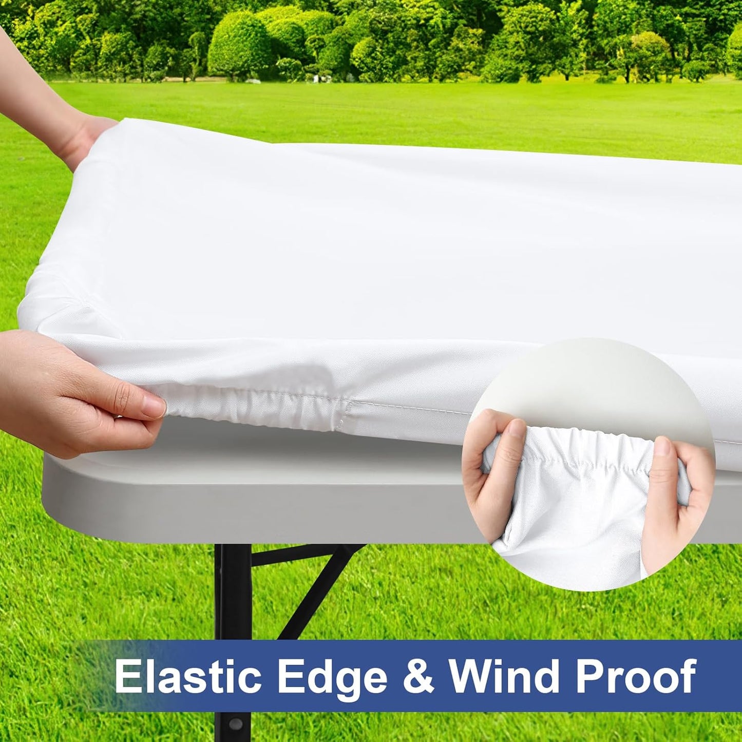 Rectangle Table Cloth Cover, Waterproof Polyester Elastic Fitted Tablecloth, Fits for 6 Foot Folding Tables, Washable Table Protector for Picnic, Camping, Outdoor (White, 30" X 72")