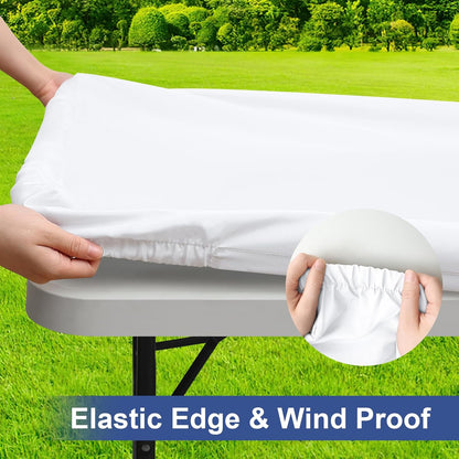 Rectangle Table Cloth Cover, Waterproof Polyester Elastic Fitted Tablecloth, Fits for 6 Foot Folding Tables, Washable Table Protector for Picnic, Camping, Outdoor (White, 30" X 72")