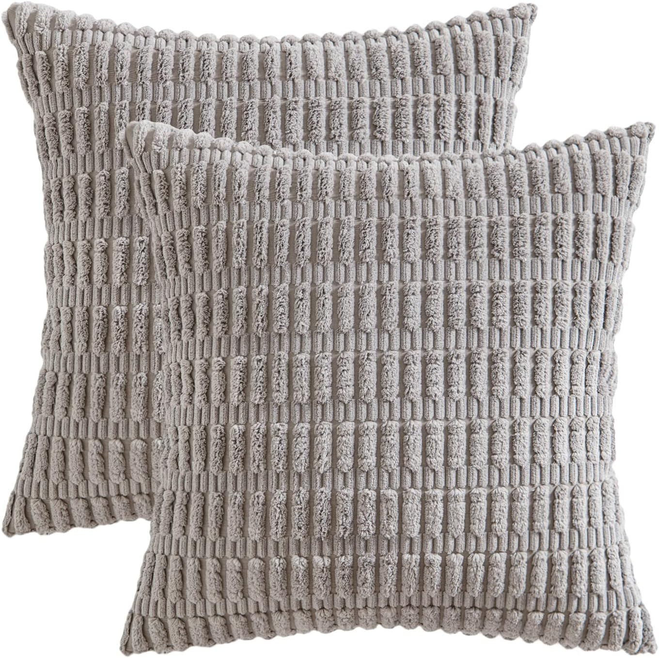 Pack of 2 Corduroy Decorative Throw Pillow Covers 18X18 Inch Soft Boho Striped Pillow Covers Modern Farmhouse Home Decor for Sofa Living Room Couch Bed Light Grey