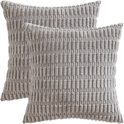 Pack of 2 Corduroy Decorative Throw Pillow Covers 18X18 Inch Soft Boho Striped Pillow Covers Modern Farmhouse Home Decor for Sofa Living Room Couch Bed Light Grey