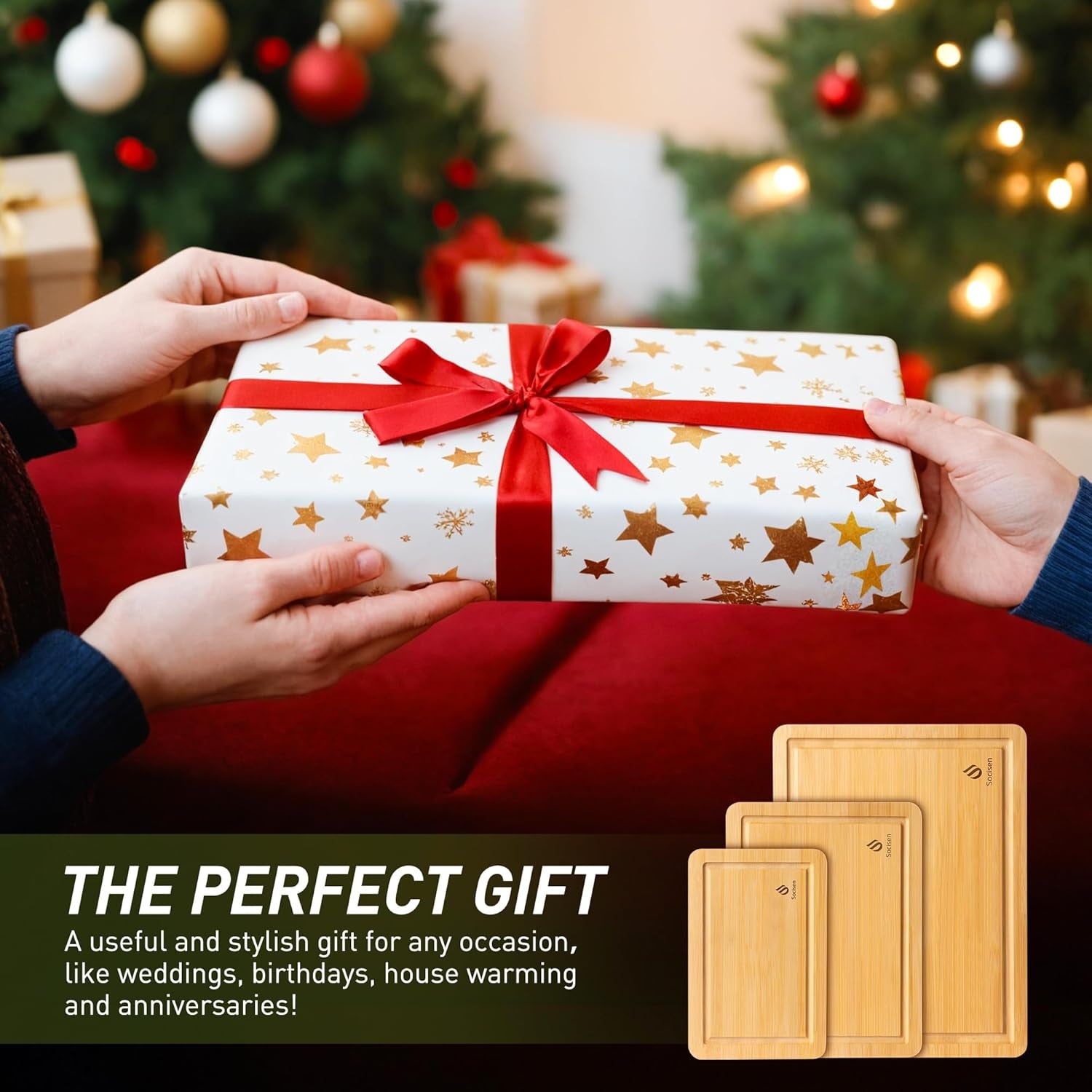 Bamboo Cutting Board Set Non Slip Feet Wood Cutting Boards for Kitchen with Juice Grooves & Built-In Handles, Ideal Charcuterie & Chopping for Meat, Vegetables and Fruits Kitchen Gift for Home Cooks