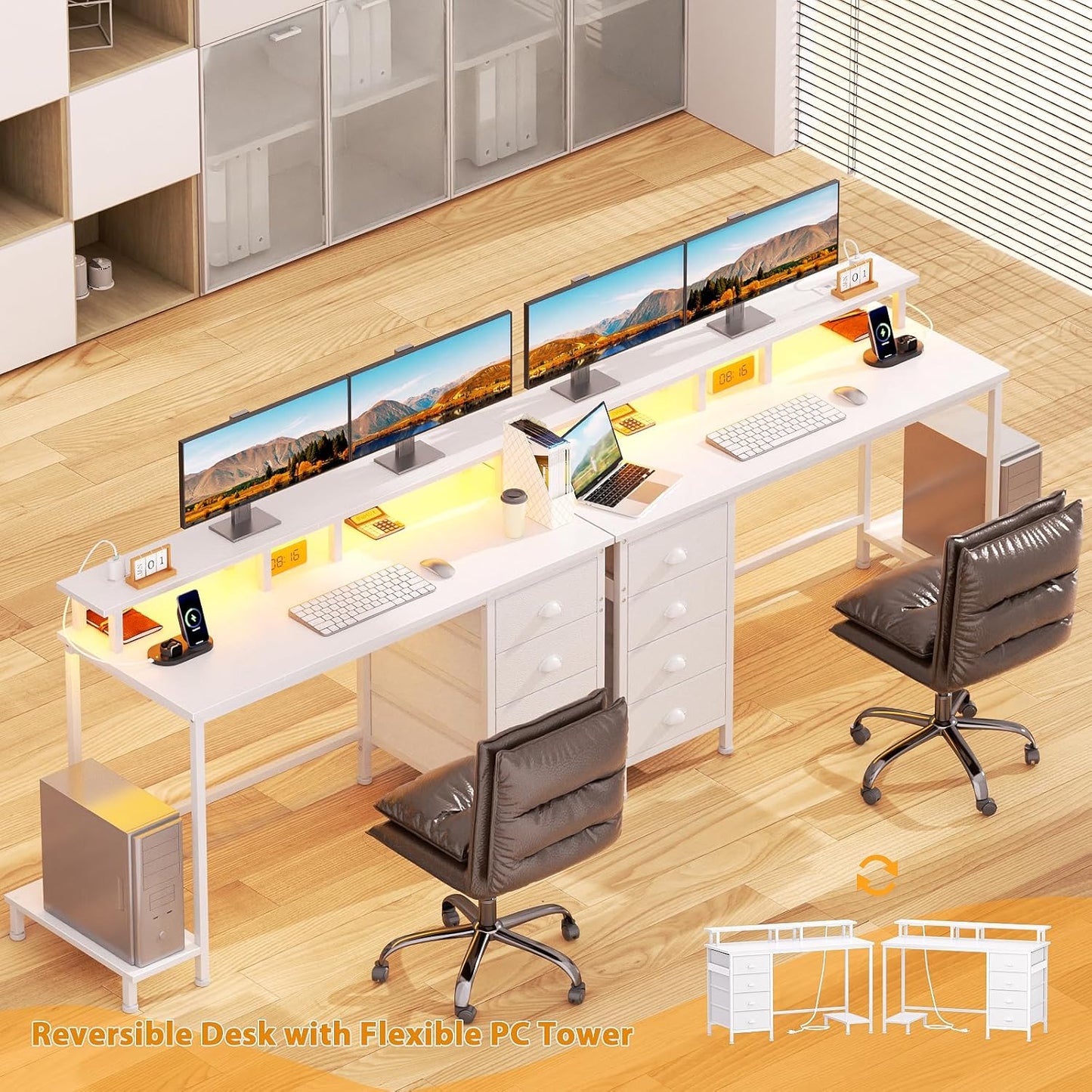 47" White Computer Desk with 4 Fabric Drawers & Monitor Stand, Gaming Desk with Power Outlets - LED Lights, Home Office Space-Saving Study Table for Bedroom Small Spaces