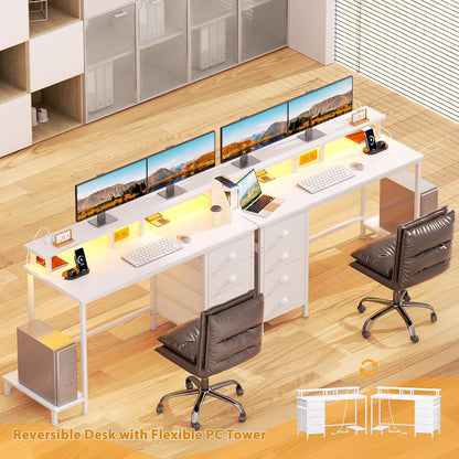 47" White Computer Desk with 4 Fabric Drawers & Monitor Stand, Gaming Desk with Power Outlets - LED Lights, Home Office Space-Saving Study Table for Bedroom Small Spaces