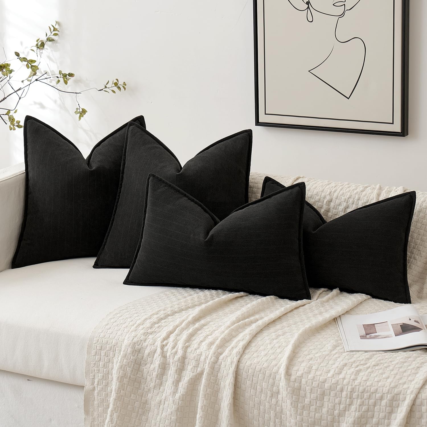 Pack of 2 Black Decorative Pillow Covers 18X18 Inch Soft Chenille Luxurious Couch Throw Pillows Farmhouse Cushion Covers with Elegant Design for Sofa Bedroom Living Room Home Decor