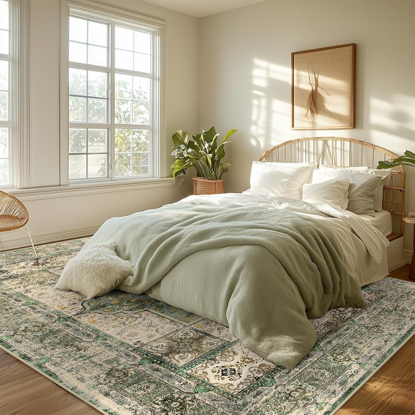 6X9 Area Rugs Machine Washable No Pile Non Slip Vintage Rugs for Living Room&Bedroom&Dinning Room Bohemian Distressed Carpet Indoor,Green/Teal/Multi