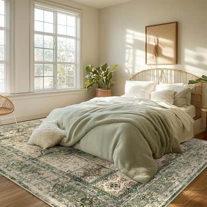 6X9 Area Rugs Machine Washable No Pile Non Slip Vintage Rugs for Living Room&Bedroom&Dinning Room Bohemian Distressed Carpet Indoor,Green/Teal/Multi