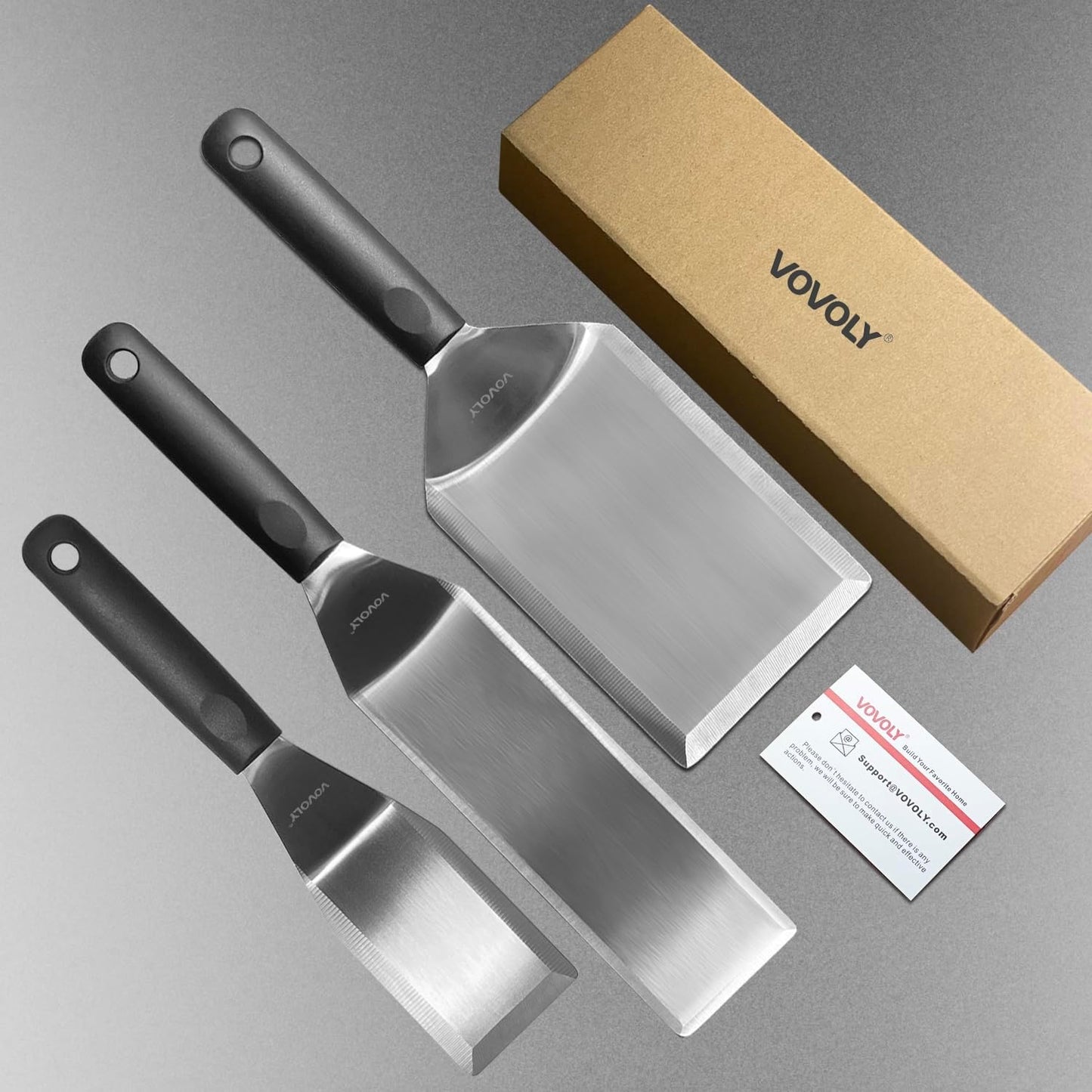 Stainless Steel Spatula Set with Full Tang Silicone Handle & Beveled Edges - Long Wide for Cast Iron Griddle BBQ Flat Top Grill, Pancake, Smash Burgers