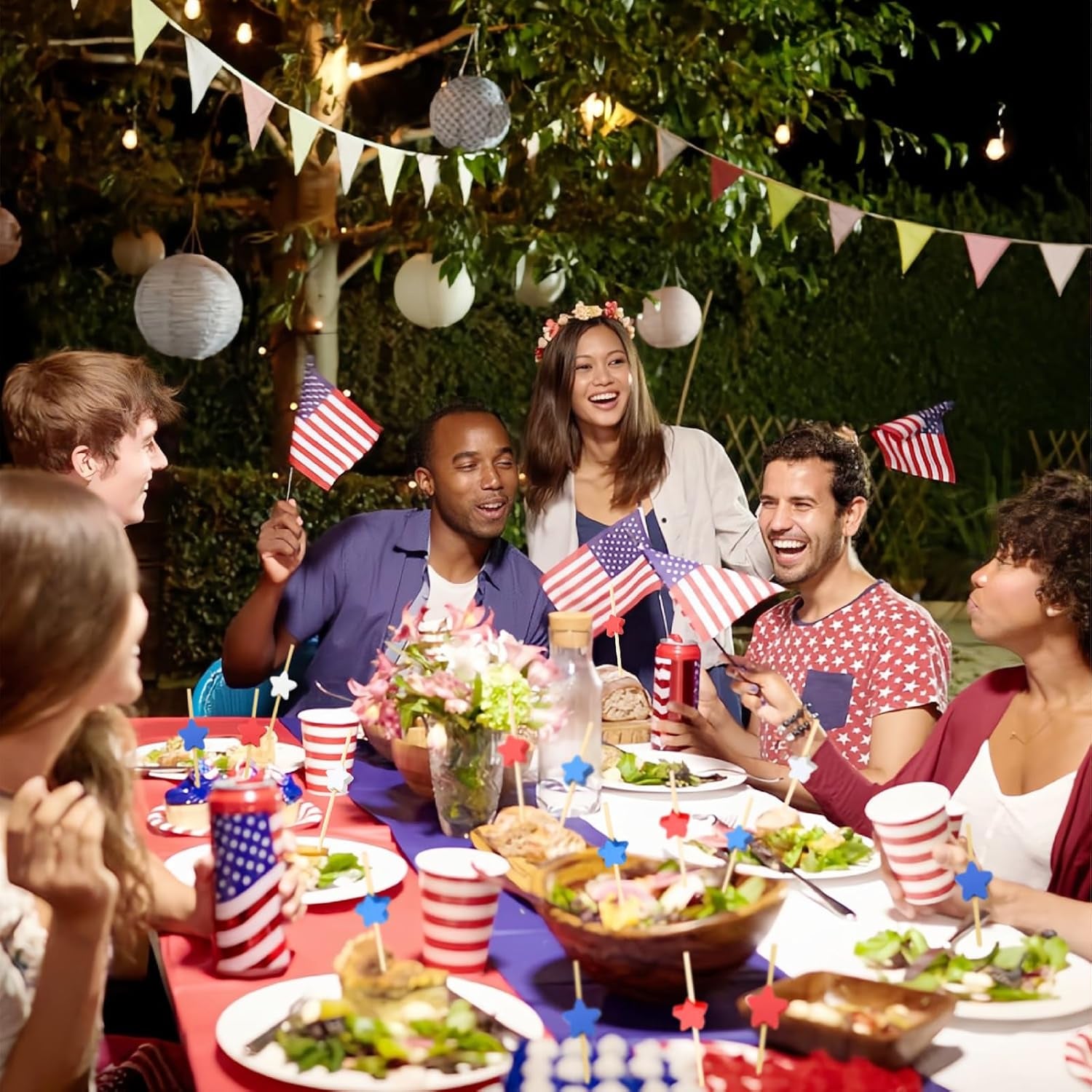 100PCS 4Th of July Cocktail Picks, Red White Blue Star Bamboo Toothpicks for Appetizers, 4.7 in Charcuterie Skewers Sticks for Fourth of July Party Supplies Independence Day Patriotic Decorations