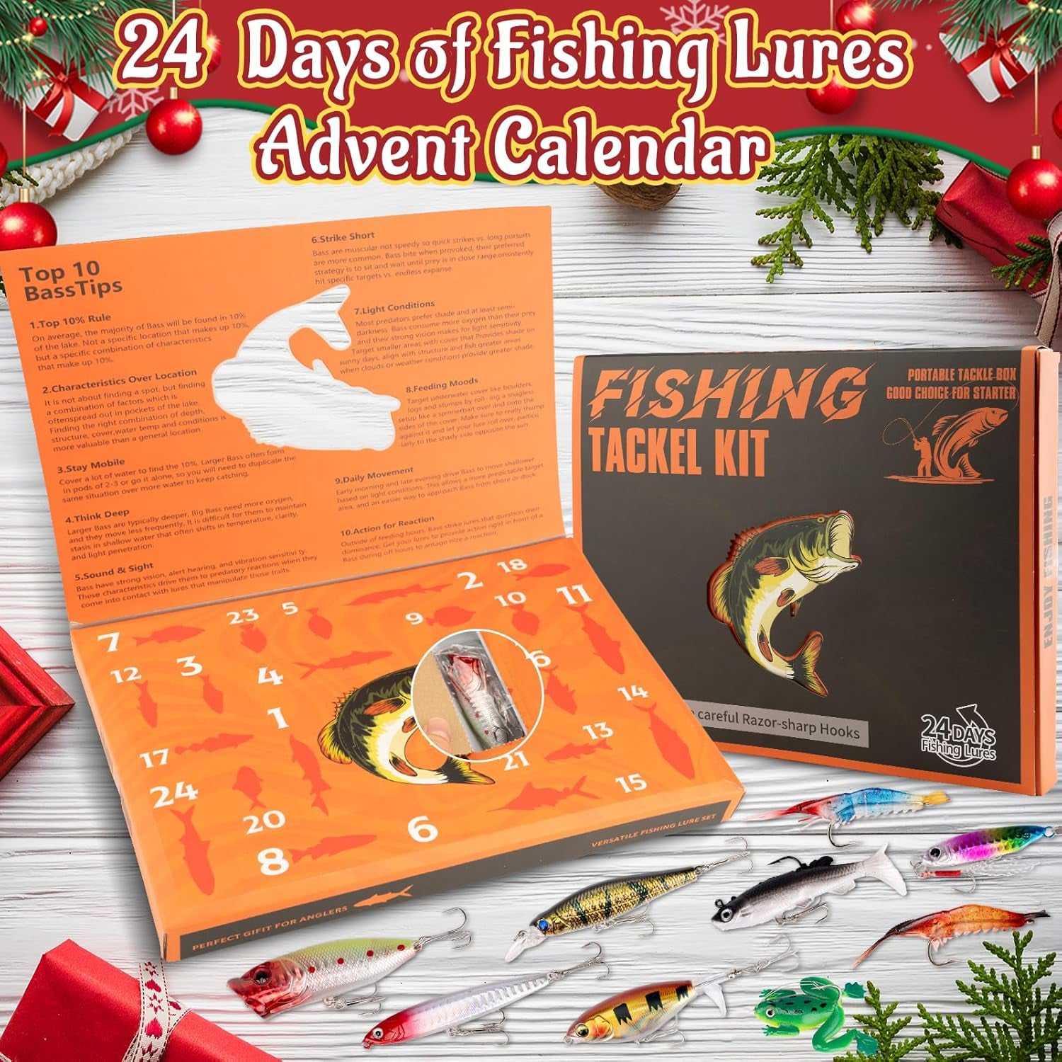 24 Days Fishing Lure Advent Calendar 2025 for Men & Teen Boys, 24 Unique Artificial Baits for Fresh/Saltwater | Christmas Countdown Gift for Anglers (Crankbaits, Poppers, Minnows, Jigs, Frog Lures)