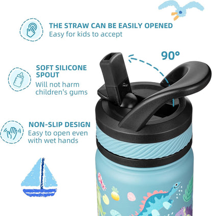 14 Oz Kids Insulated Water Bottle with Straw - Stainless Steel Double Wall Vacuum Cup, Leakproof, BPA Free, Suitable for Boys and Girls(Cyan - Dinasours World)