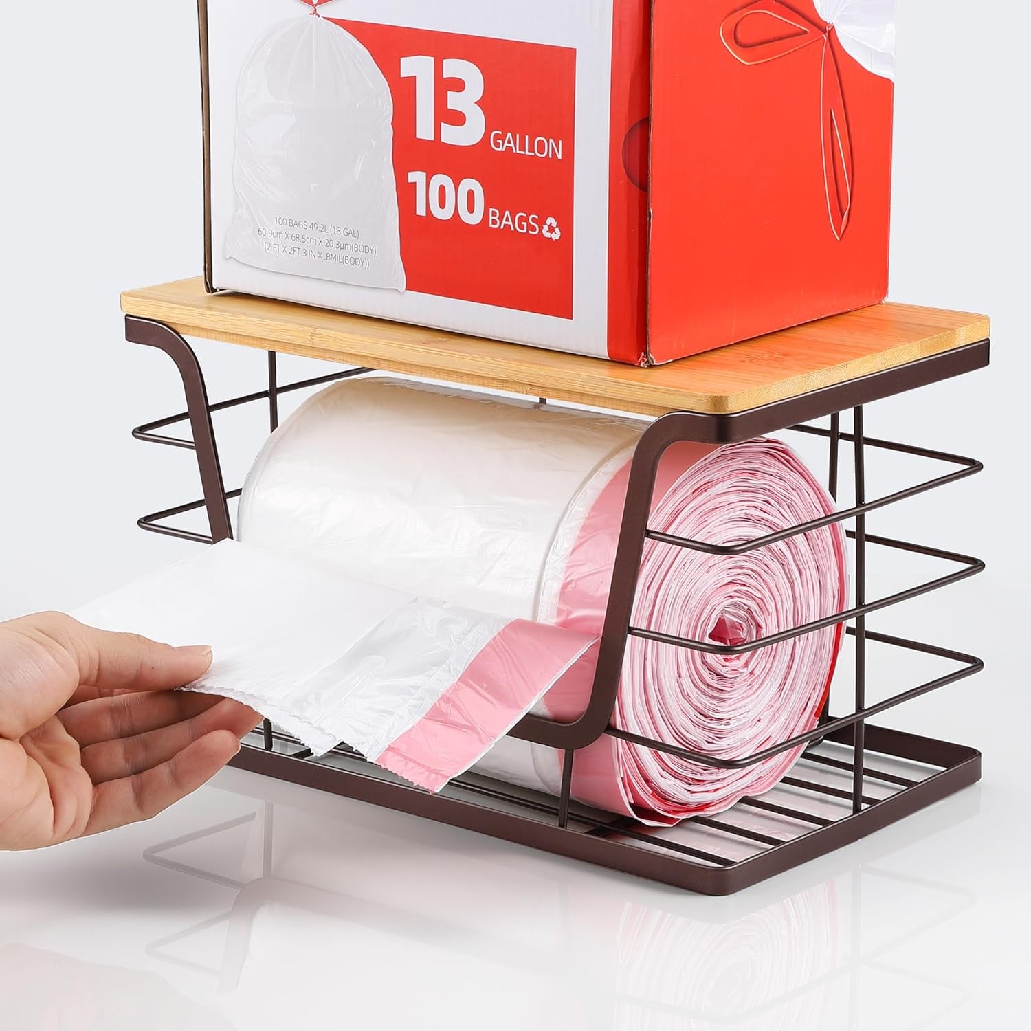 Storage Basket for Kitchen Pantry Organizers and Storage, Stainless Steel Extra Large Trash Bag Dispenser under Sink, Brown