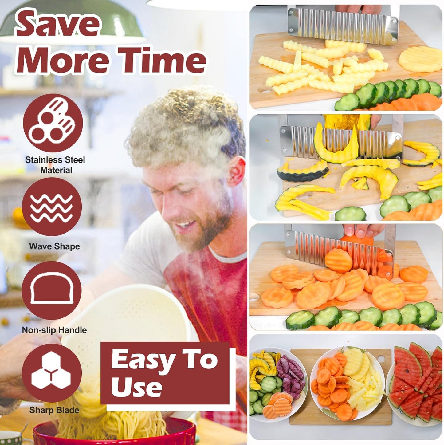 Extra-Large Crinkle Cutter Wave Potato Slicer – Stainless Steel French Fry Cutter for Restaurants, Waffle Slicing Tool, Crinkle Chopping for Potatoes, Kitchen Veggie Cucumber Slicer with Handle