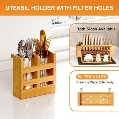 Bamboo Dish Drying Rack with Utensil Holder, 3 Tier Collapsible Dish Rack, Wooden Dish Racks for Kitchen Counter, Large Folding Drying Holder with Absorbent Dish Drying Mat