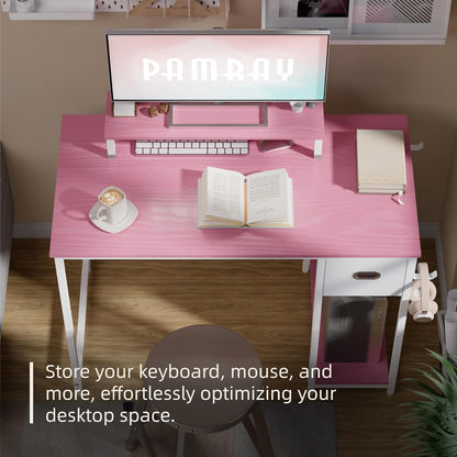 39 Inch Computer Desk with Monitor Stand Small Home Office Desks with Non-Woven Storage Drawer for Bedroom Study Table Writing and Work Desk Pink