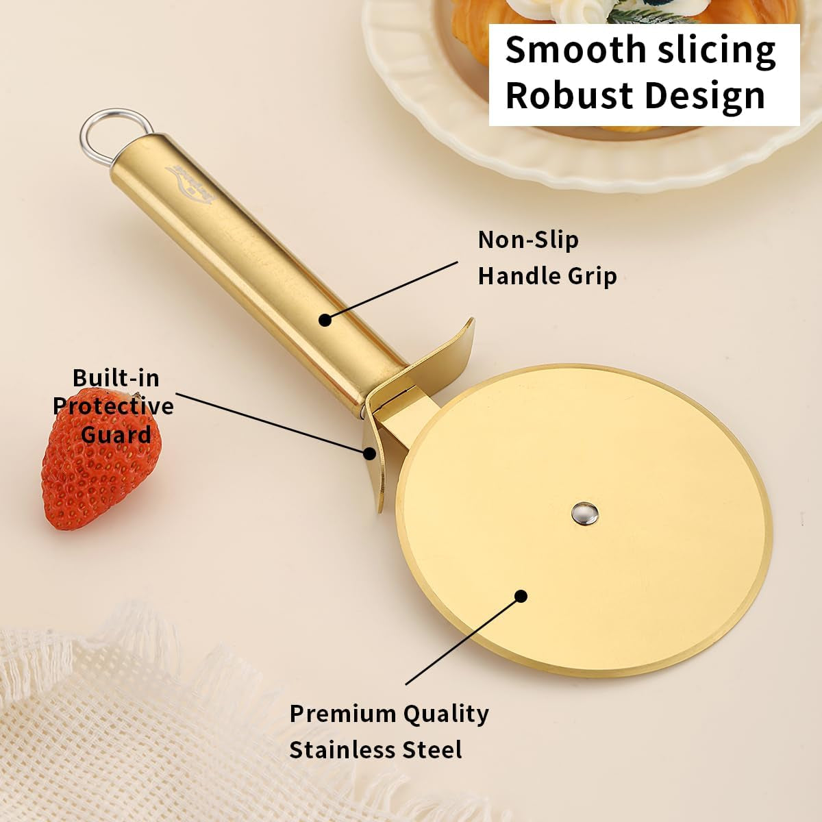 Gold Titanium-Plated Stainless Steel Pizza Cutter - Ultra Sharp Pizza Wheel and Pastry Slicer, Easy to Clean and Store