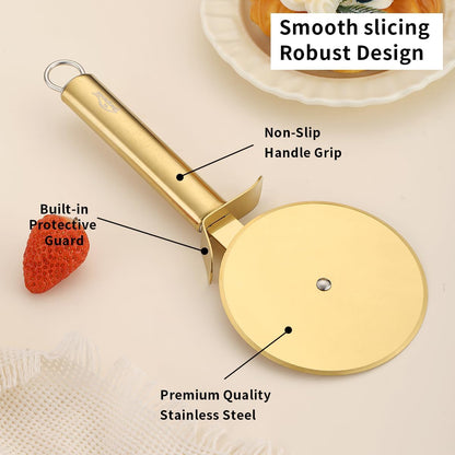 Gold Titanium-Plated Stainless Steel Pizza Cutter - Ultra Sharp Pizza Wheel and Pastry Slicer, Easy to Clean and Store