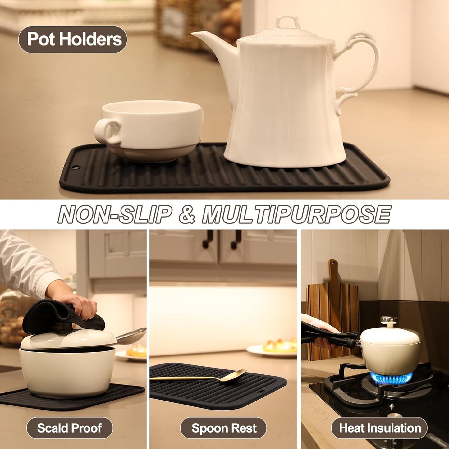 4 Pack Silicone Trivets for Hot Pots and Pans,480℉ Heat Resistant Trivets for Hot Dishes,Hot Pads for Countertop,Kitchen Potholders,Black