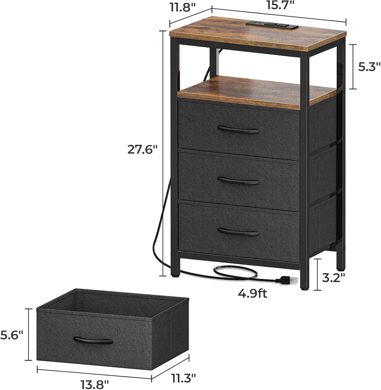 Rustic Brown and Black Nightstand with Integrated Charging Station, 27.6 Inch End Table Featuring USB Ports and Outlets, Fabric Drawers for Bedroom Use