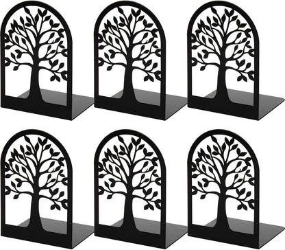 Book Ends, Metal Book Ends to Hold Books, Tree Decorative Bookends for Shelves, Black Book Stopper Bookend for Heavy Books, Book Holder for Shelf Home Office, 6.8 X 4.7 X 3.5(3 Pair/6 Pcs)