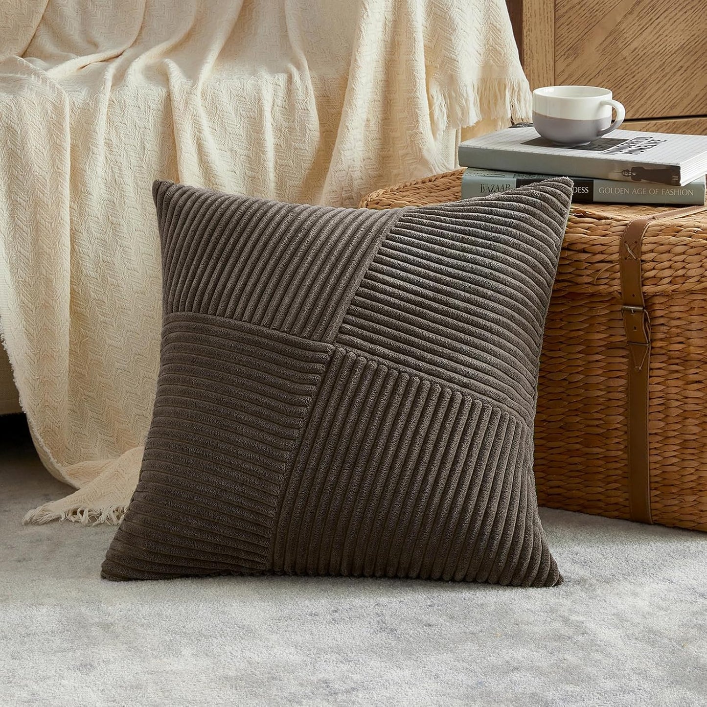 Set of 2 Dark Brown Boho Decorative Throw Pillow Covers 18X18 Inch with Diagonally Pattern for Living Room Couch Bed Sofa, Soft Textured Corduroy Aesthetic Farmhouse Home Decor 45X45 Cm