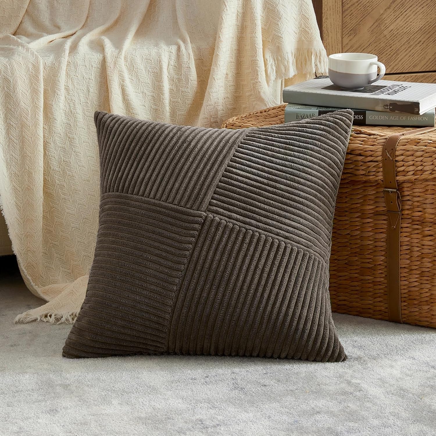 Set of 2 Dark Brown Boho Decorative Throw Pillow Covers 18X18 Inch with Diagonally Pattern for Living Room Couch Bed Sofa, Soft Textured Corduroy Aesthetic Farmhouse Home Decor 45X45 Cm