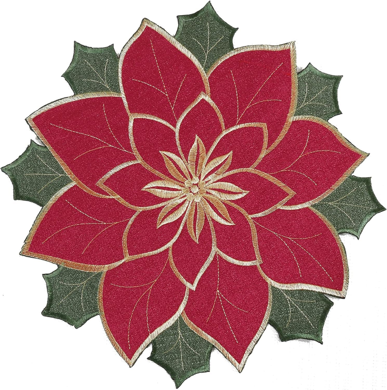 Christmas Placemats Set of 4, Red Embroidered Applique Poinsettia Table Mats,4 Pieces 15 Inch round Placemat for Xmas Holiday Home Decorations (Textured, 15 Inches)’