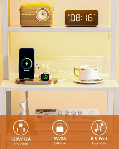 Elegant Bedside Nightstand with 4-Tier Shelving, 3 Fabric Drawers, LED Lighting, and Integrated Charging Station - Versatile Tall Table for Bedroom, Hallway, or Office in White