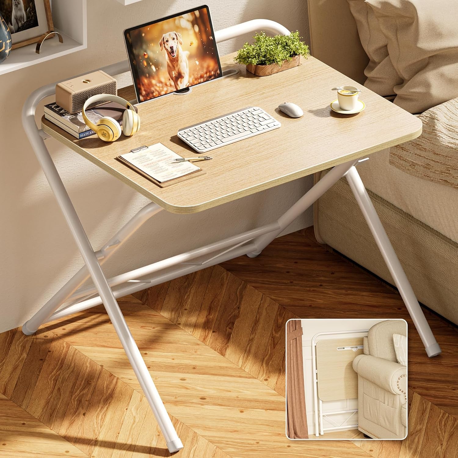 Adjustable Height Folding Desk with Tablet Slot, 24-Inch Compact Computer Desk for Small Spaces, Ideal for Home Office, Bedroom, and Study, Oak Finish