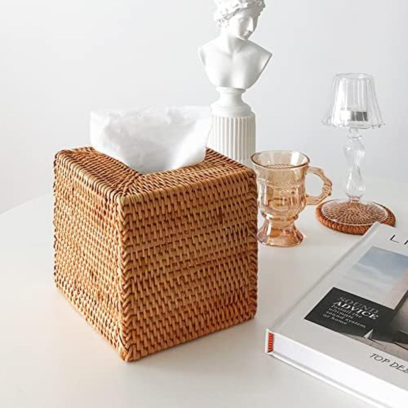 Rattan Tissue Box Cover Natural Woven Facial Napkin Holder Square (Natural, 5.5X5.5X5.9 Inch)