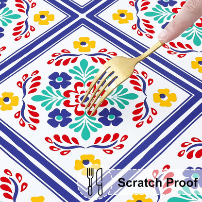 round Fitted Tablecloth with Elastic Edge, 100% Waterproof Oil Proof Plastic Table Cover, Vinyl Flannel Backed Tablecloth Fits 36"-44" round Tables for Dinner, Outdoor, Picnic, Geometric Flower