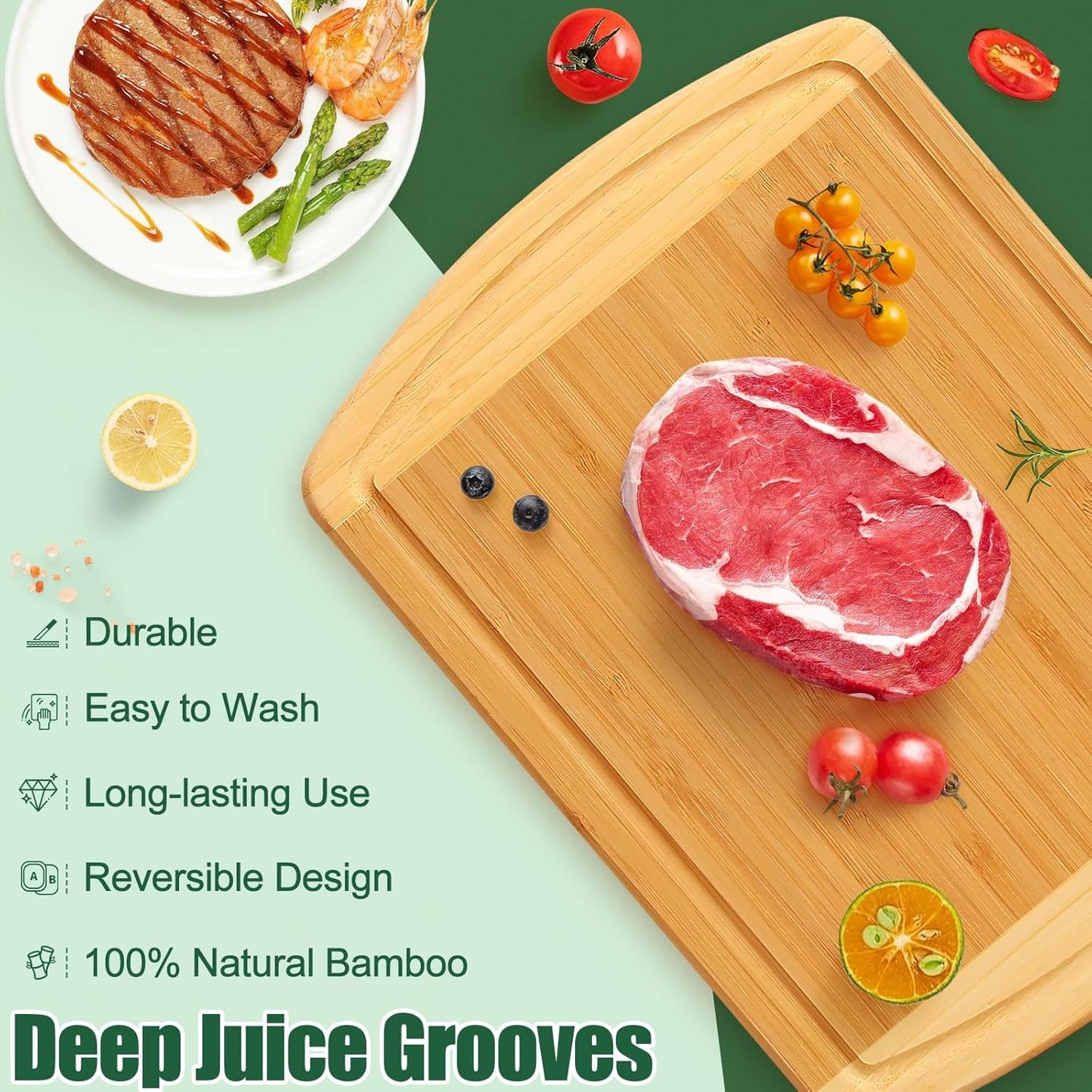 Bamboo Cutting Boards for Kitchen, 12X9" Wood Small Cutting Board with Juice Groove, Mini Wooden Butcher Block Chopping Board for Kitchen, Meat, Cheese, Fruit & Vegetables - Pre Oiled, Two-Tone