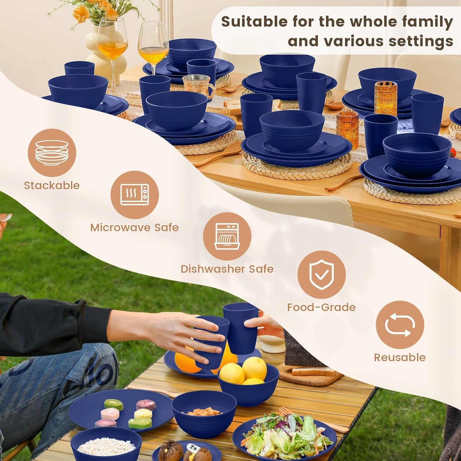 40-Piece Lightweight and Unbreakable Reusable Wheat Straw Dinnerware Set for 8, Microwave and Dishwasher Safe - Dark Blue
