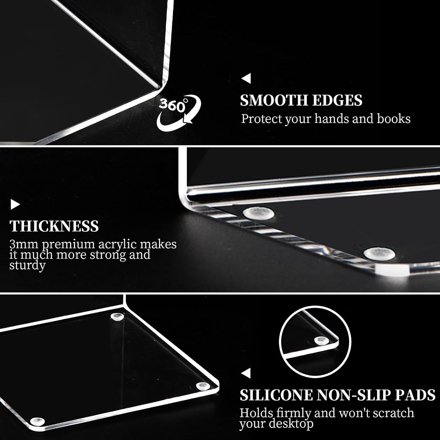 Book Ends 6 Pcs Acrylic Bookends Clear Book Holders for Shelves, Book Organizer with 24 Pcs Silicone Non-Slip Mats for Library Office School (5 * 5 * 7.3 Inch 3Mm Thickness 3 Pairs/ 6 Pcs)