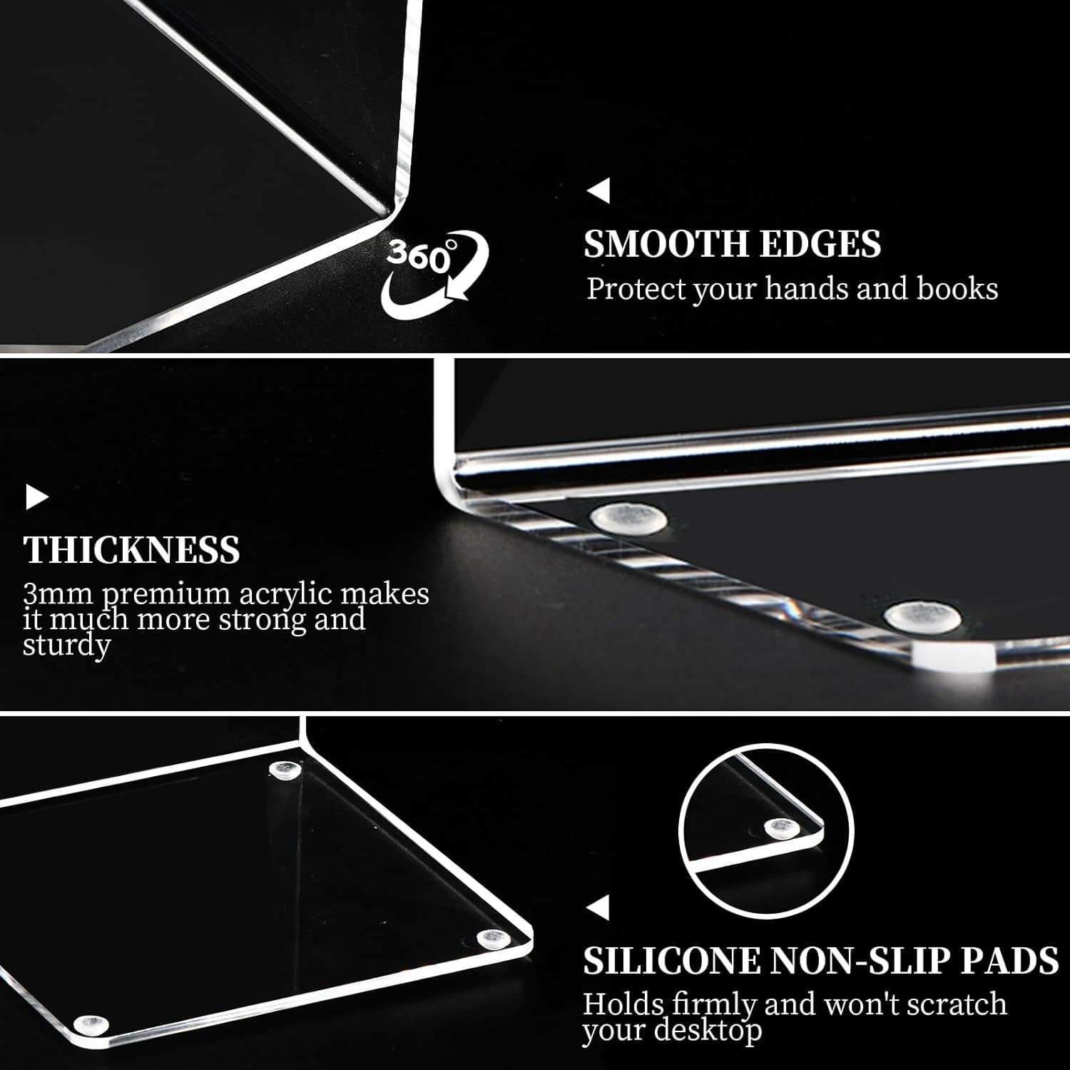 Book Ends 6 Pcs Acrylic Bookends Clear Book Holders for Shelves, Book Organizer with 24 Pcs Silicone Non-Slip Mats for Library Office School (5 * 5 * 7.3 Inch 3Mm Thickness 3 Pairs/ 6 Pcs)