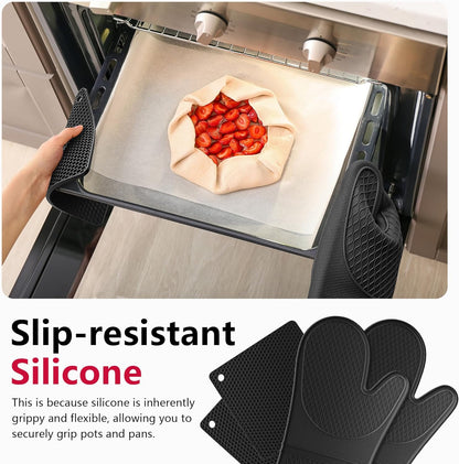 Extra Long Silicone Oven Mitts with Pot Holders with Soft Cotton Lining Non-Slip Textured Grip, Heat and Slip Resistant Oven Mitts with Pot Holders for Baking, Cooking, Black
