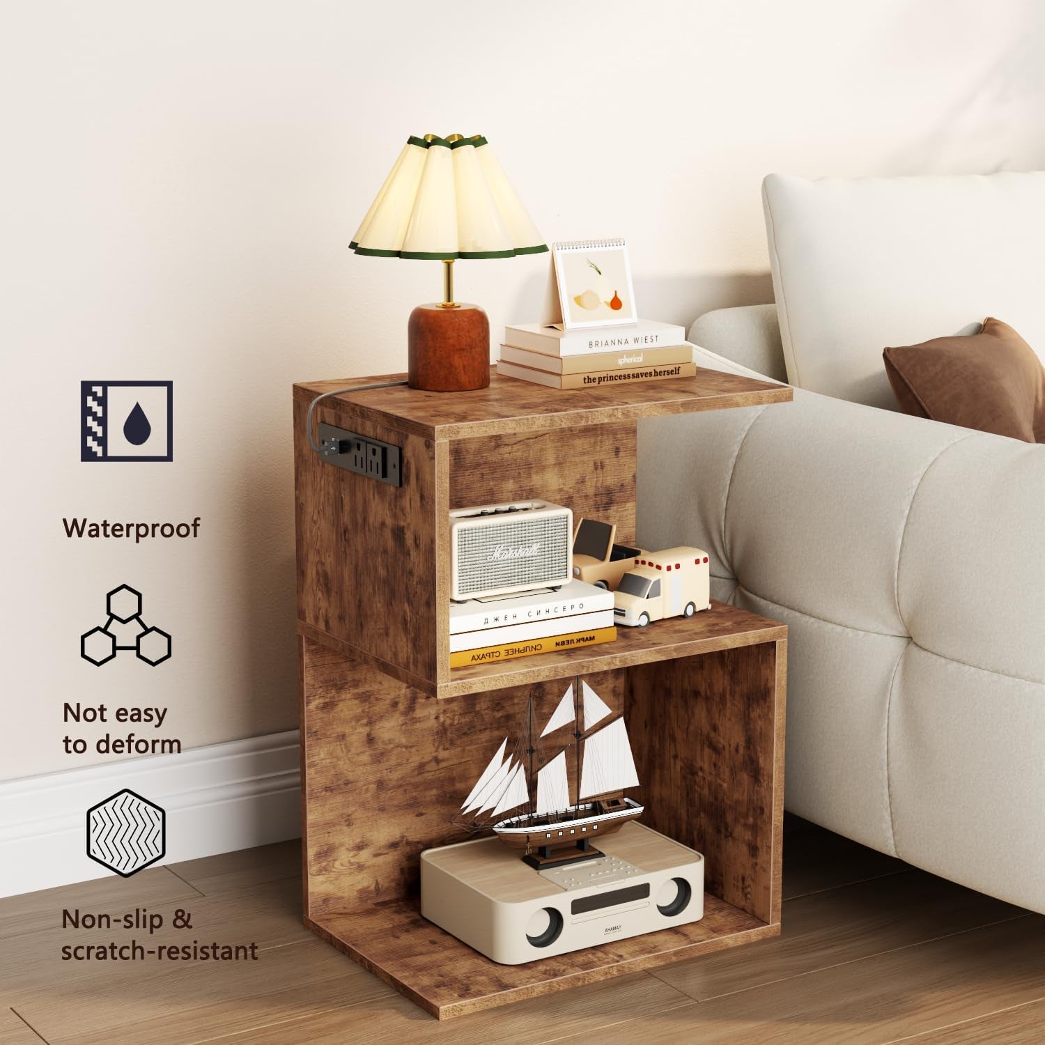 Nightstand with Charging Station and Drawer, 3 Tier End Table with Open Shelf, Wood S Shaped Bedside Table with Storage for Living Room/Bedroom/Small Space, Rustic Brown