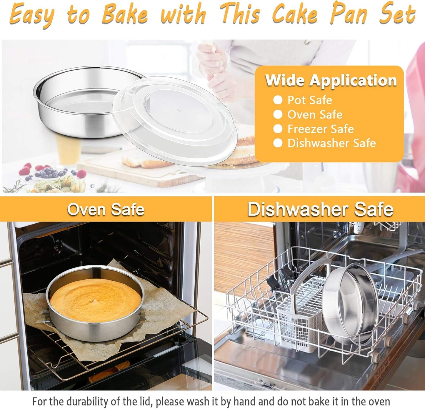 8-Inch Cake Pan with Lid Set (3 Pans + 3 Lids), Stainless Steel round Baking Pans for Picnic Wedding Birthday, Leak-Proof Pan & Raised Plastic Cover, Healthy & Non-Toxic, Dishwasher Safe