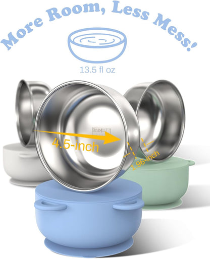 Baby Suction Bowls with Lids 4-Pack, 2-In-1 Stainless Steel 304 Toddler Bowl & Removable Silicone Suction Kids Bowl Plate Set Non Toxic Snack Dishes for Self-Feeding, Ocean Explorer Set