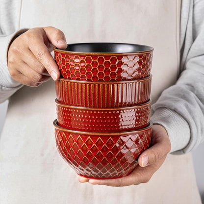 Set of 4 Textured Stoneware Cereal Bowls, 24 Oz Ceramic Soup Bowls Ideal for Soup, Oatmeal, and Snacks - Rythmic Red, Perfect for Weddings and Housewarming Gifts