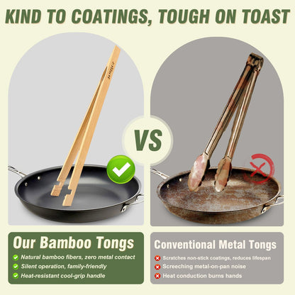 Wooden Tongs - Bamboo Toaster Tongs for Cooking, Bamboo Tongs Ideal for Toaster, Fruits, Bread & Pickles, Kitchen Utensil for Cheese Bacon Muffin - 8" & 10 Inch Long | Set of 2