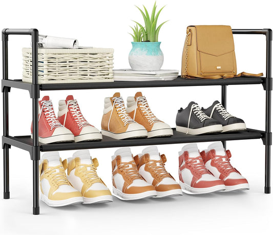 Shoe Rack - 2-Tier Shoe Organizer, Shoe Rack for Closet, Entryway, Bedroom, Easy- Assembly Storage Shelf with Side Handles, 27.6" X 11.8" X 20.9", Black
