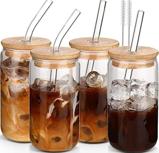 Glass Cups with Lids and Straws 4 Pcs,16Oz Drinking Glasses Set for Coffee Bar Accessories,Iced Coffee Cups with Lids,Matcha Cup Glass Tumbler Reusable for Gifts