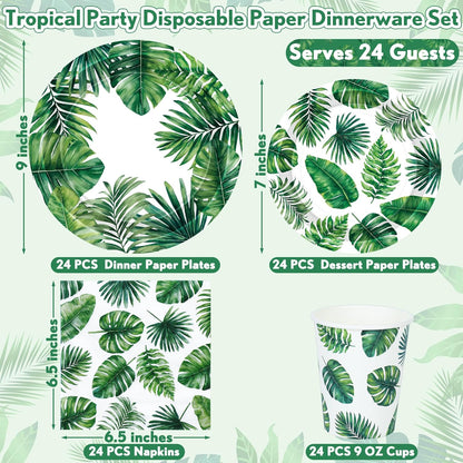 24 Sets Hawaiian Luau Party Decorations, Tropical Palm Leaf Disposable Tableware Set, 7 and 9 in round Paper Plates for Summer Themed Events Aloha Birthday Party Supplies, Serves 24