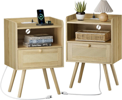 Set of 2 Nightstands with Charging Station and PE Rattan Decor Drawer, Solid Wood Feet, Suitable for Bedroom and Living Room - Natural Finish