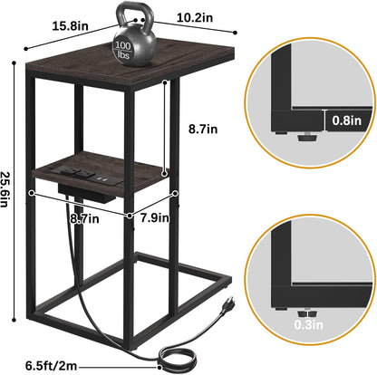 C Shaped End Table with Charging Station for Living Room, Bedroom, Sofa Table with USB Ports and Outlets for Small Spaces, C Couch Rustic Snack Bed Table, Charcoal Gray